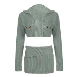 Autumn And Winter 2 Piece Set Crop Sweater Solid Turn-down Collar Chain Long Sleeve Metal Buckle Cardigan Matching Short Skirt