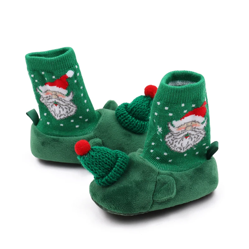 Christmas Solid Color Warm Cartoon Santa Snowflake and Fuzzy Woolly Hat Baby Warm Soft Soled Socks Shoes details
