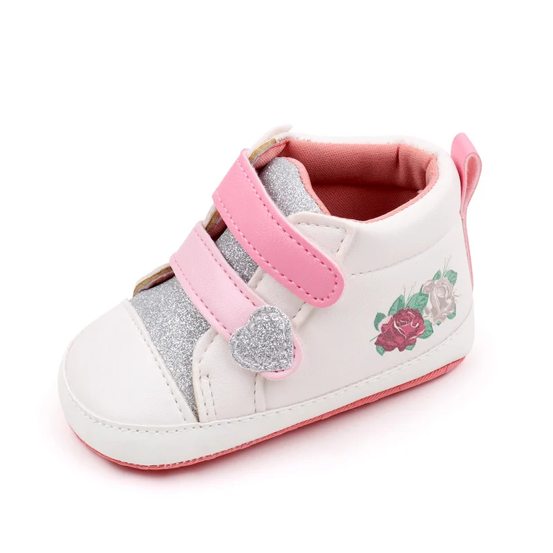 Glitter Heart Baby Girls Rose Print Pattern Different Colors Double Hook and Loop High Top Casual Shoes supplier