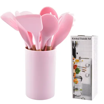 Reusable Adaptive Silicone Cooking Skimmer Stainless Steel Wood Tools Pink 12 Pcs Silicone Kitchen Utensil Set