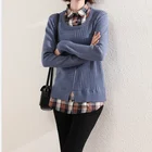 Blue Pullover Spring Ladies New Arrival Blue Elegant Slim-fit Striped Shirt Collar Knitted Pullover
