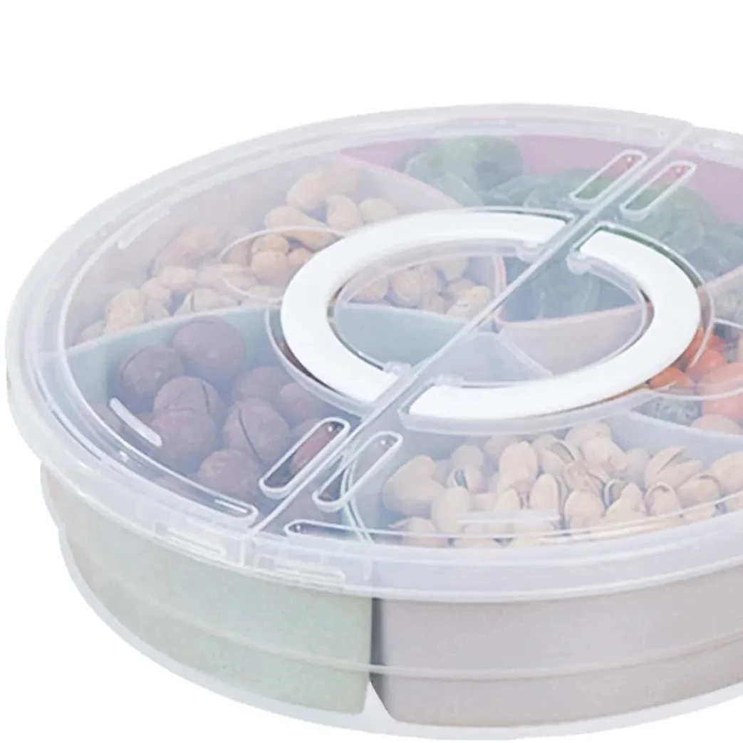 Round Plastic 5 Individual Divided Food Storage Containers Serving Tray with Handle  for Snack Fruit