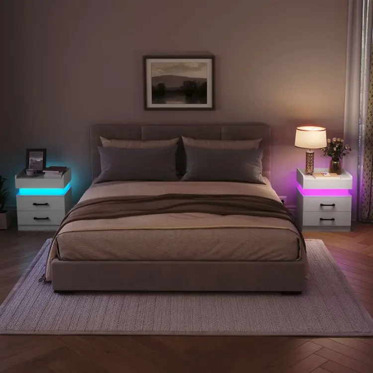 Custom Nightstand with LED Light, OEM Modern Bedside Tables with Colorful LED Lighting, Lighted Bed Side Accent Lamp Table