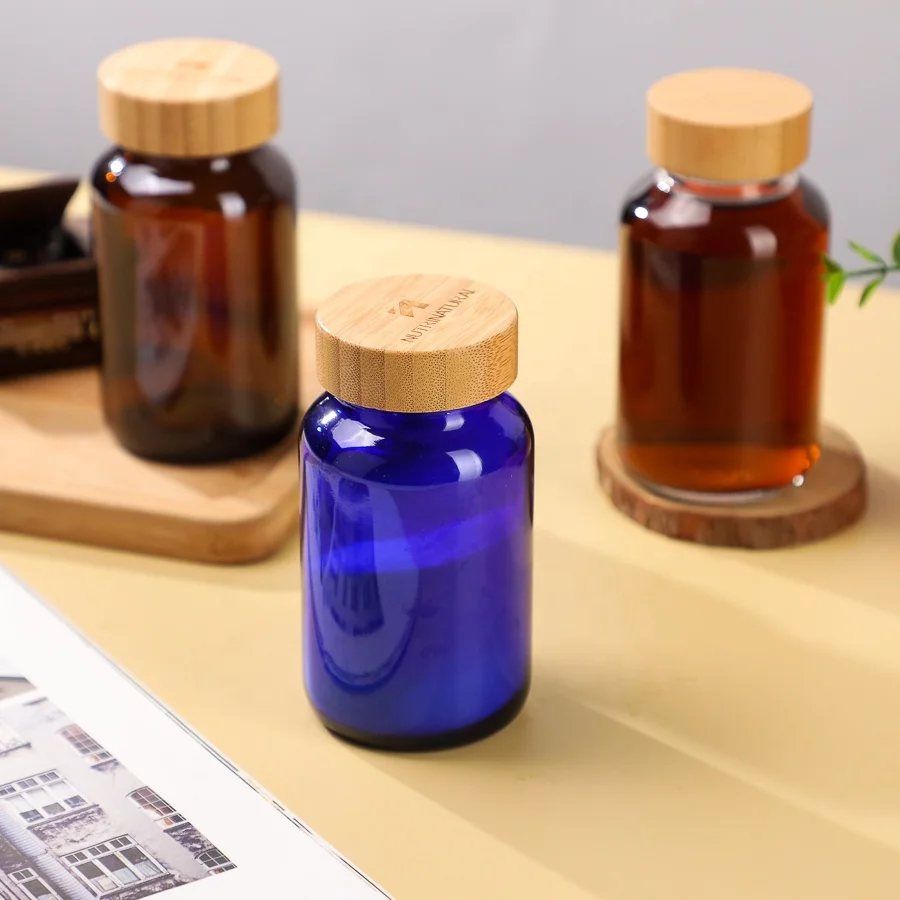 Clear Amber Cobalt Blue Color Wide Mouth 200ml Glass Syrup Supplement Bottle With Bamboo Screw Lid Label Sticker Wholesale