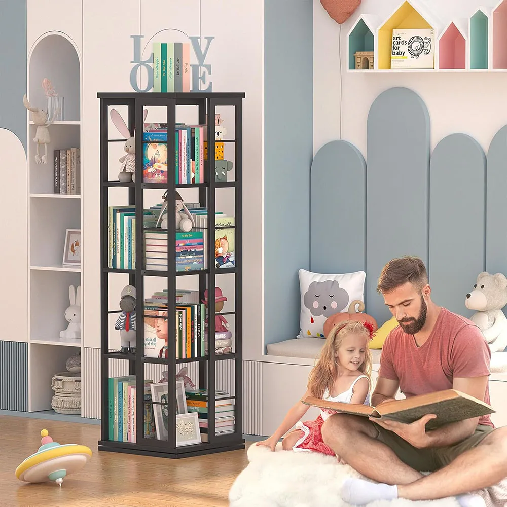 product 360 degree rotating bookshelf wood narrow space revolving organizer storage rack small bedroom floor standing bookcase display-1