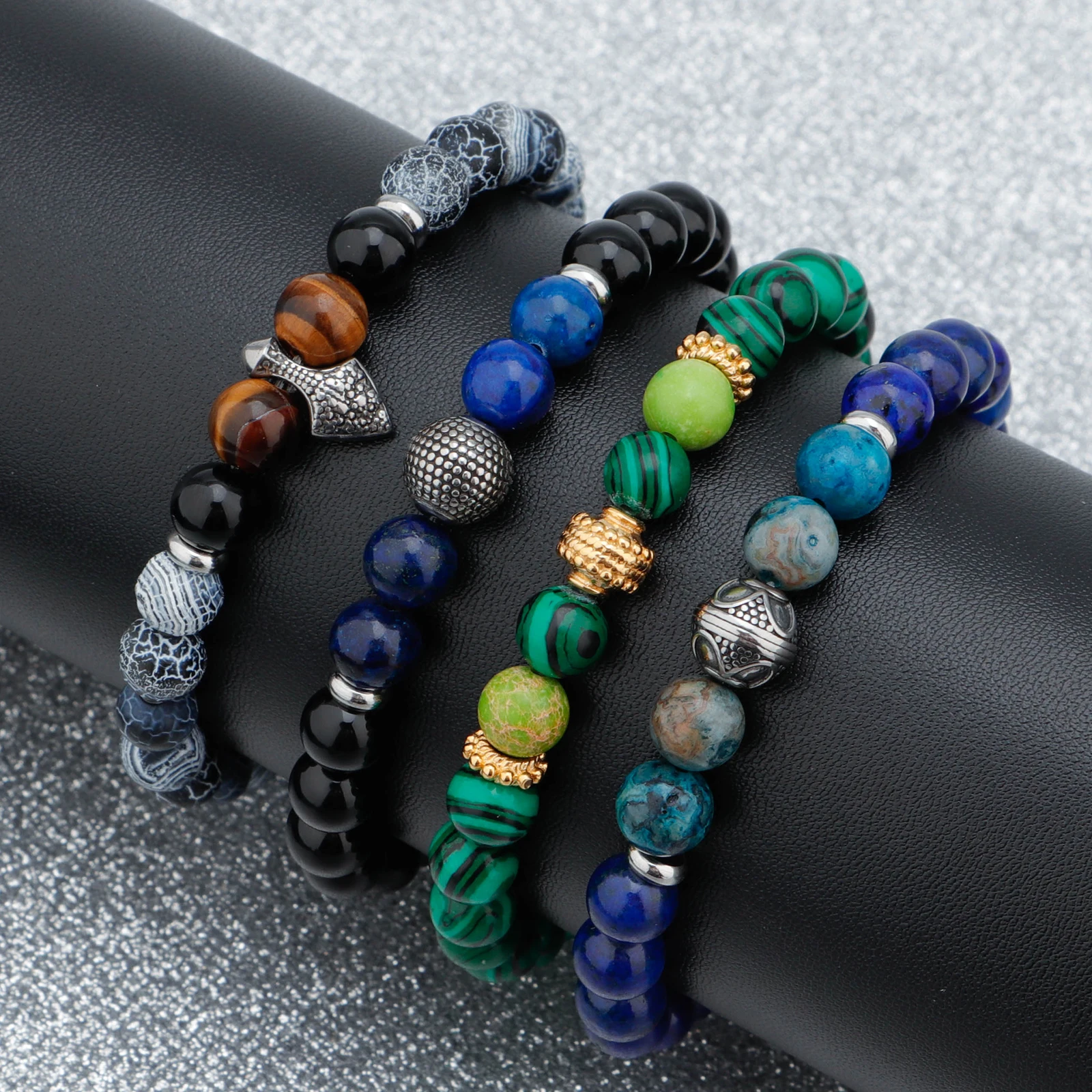 Men Trendy Jewelry Stainless Steel Accessories Lapis Bead Natural Stone Bracelet
