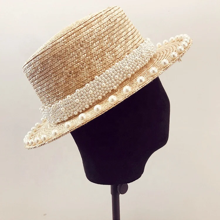 Pearl Wheat Straw Flat Hat Female 