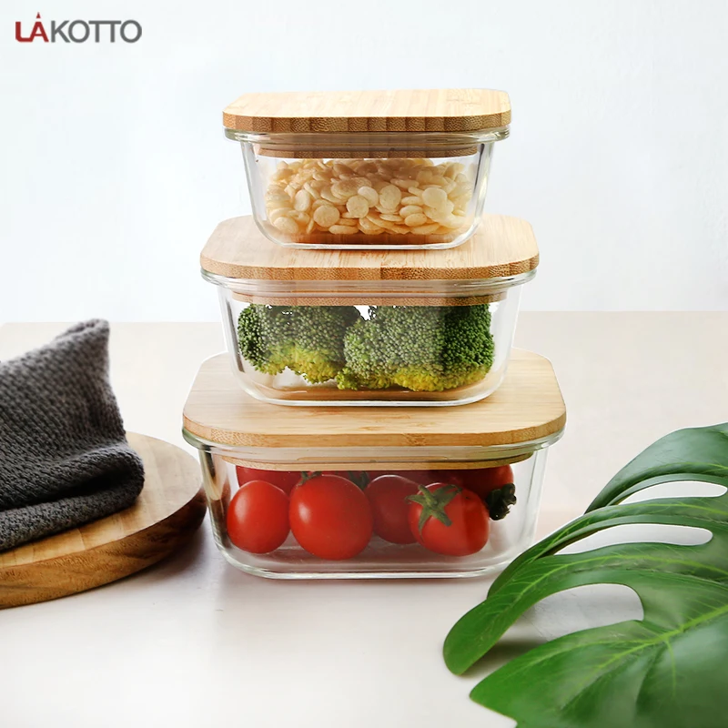 Eco friendly glass bowl microwave heat resistant glass food container wholesale with Wooden lid