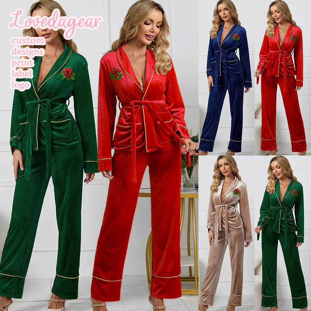 New Arrival Wholesale Embroidery Customized Woman Velvet Pajamas For Women Set