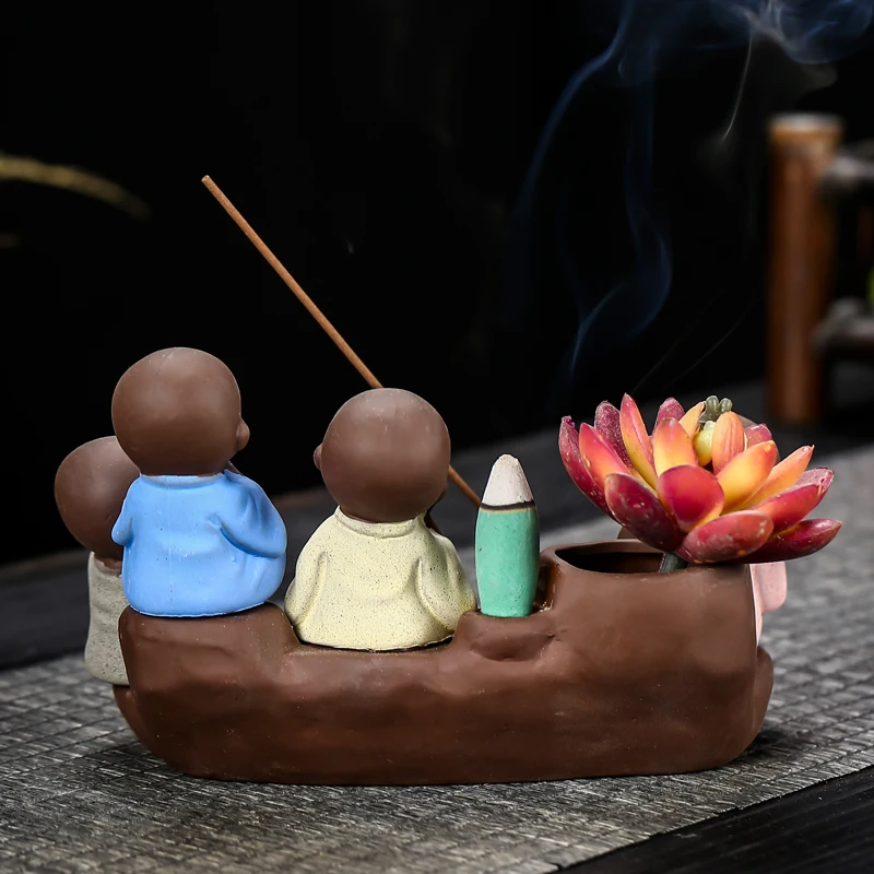 Ywbeyond ceramic Censer 4 monks waterfall backflow Incense Cones Burner Home Decoration Sticks Incense Holder