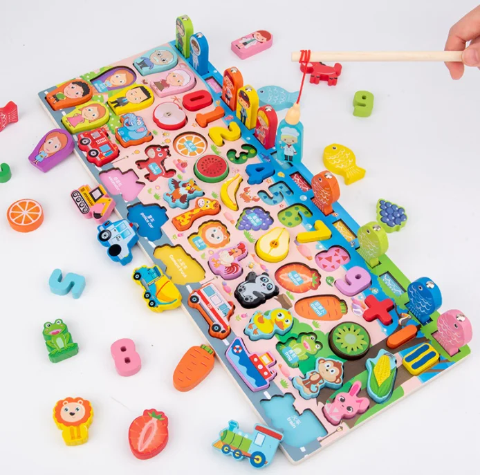 Wooden Children's 7-in-1 Multifunctional Fishing Fruit Animal Pairing Cognitive Logarithmic Board Wooden toys For Child
