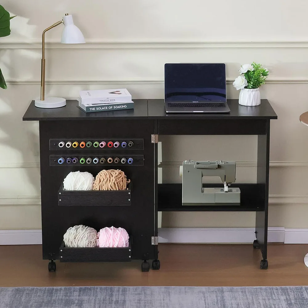 Modern Designed Dark Brown Folding Sewing Table Wood Panel Multipurpose Craft Station & Side Desk Compact Design Wheels Locks factory