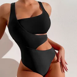 2023 sexy color clashing one-piece swimsuit women ins style conservative bikini spa swimwear