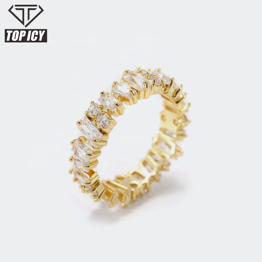 TOP ICY Irregular shape new design cubic zircon women ring 14k gold plating 18k zircon ring round baguette CZ ring