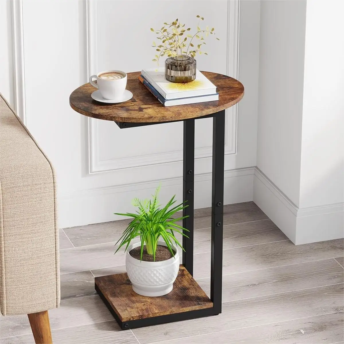 Side Table Small End Table: C-Shaped Wood Sofa Table with Metal Frame for Living Room, Bedroom, Small Spaces (Rustic Brown)