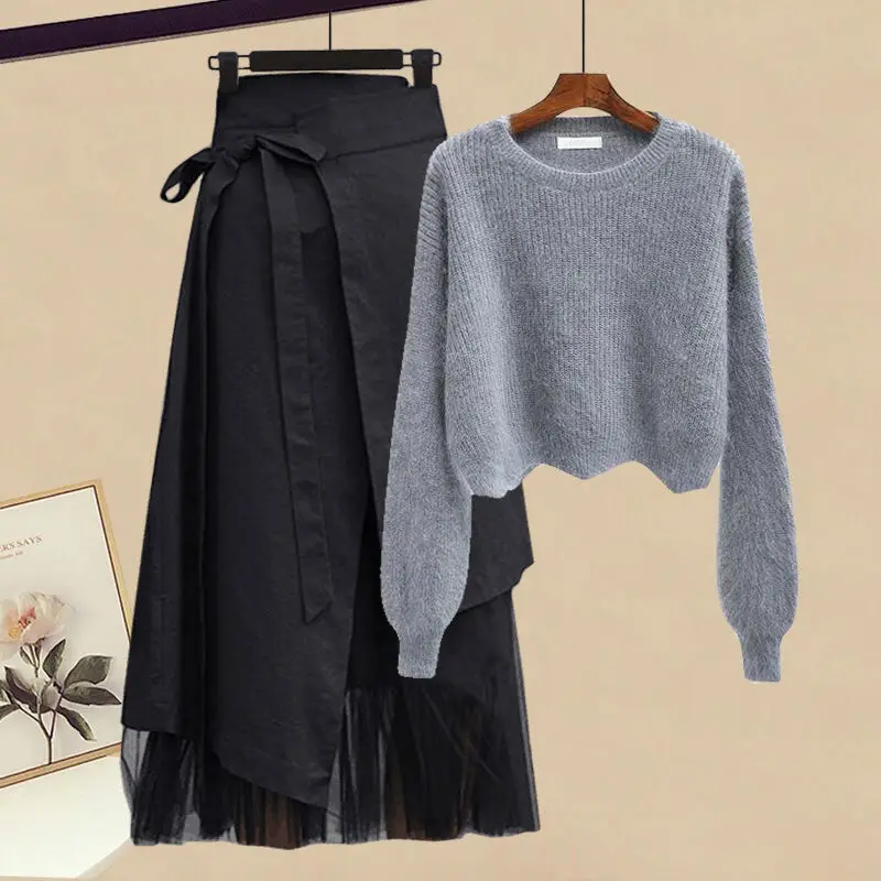 Large Size Women's Spring Solid Chenille Two-Piece Set New Fake-Slimming Shirt Top and Midi Skirt details