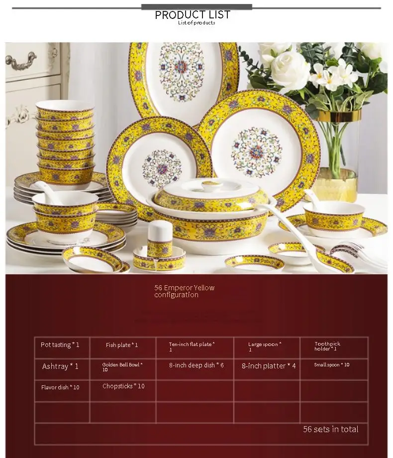 Tableware Set, Jingdezhen 56-Set Household Bone China Bowl And Dish Set, Color Enamel Ceramic Tableware Private Logo Gift Set