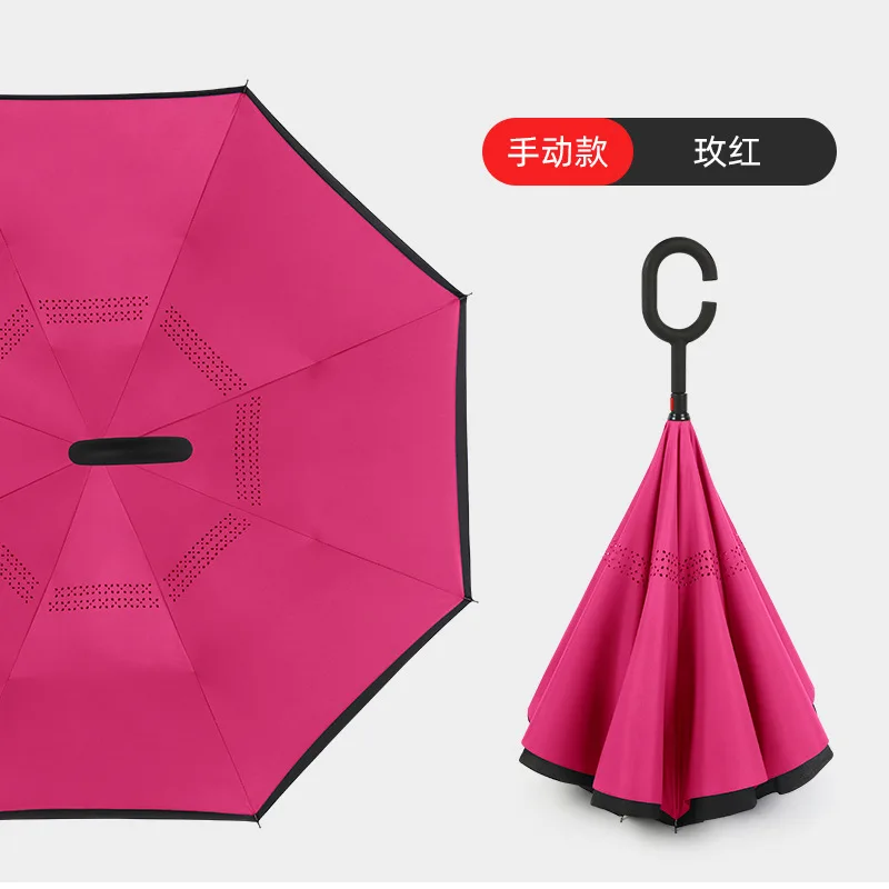 Wholesale Custom Logo Printed Double Fabric Windproof C Shape Handle Upside Down Inverted Reverse Rain Umbrella