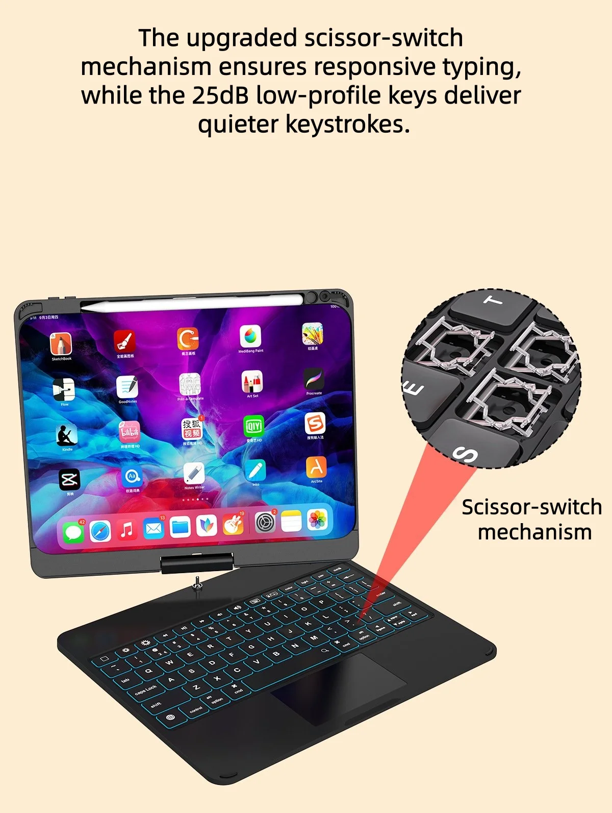 product magic keyboard case transparent rotating backlit detachable hidden pen slot bluetooth connectivity type c charging 11 laudtec-5