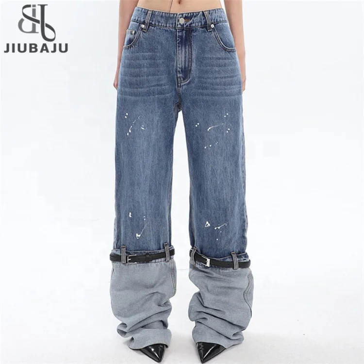 High Waist Blue Denim Printed Belted Wide Leg Jeans New Loose Women Trousers