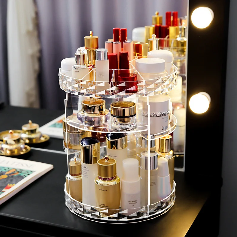 Diamond Shape Rotating Cosmetic Storage Box Transparent Cosmetics Makeup Organizer