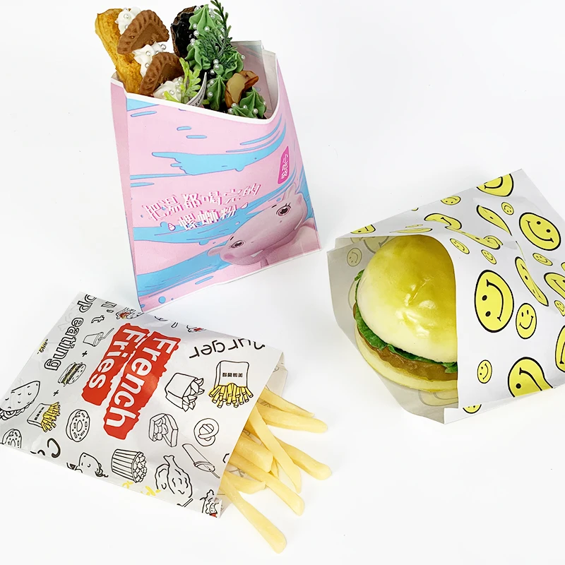 Custom Logo Disposable French Fries Hamburgers Street Food Snacks Bread Donuts Take Away Sharp Bottom Greaseproof Paper Bag