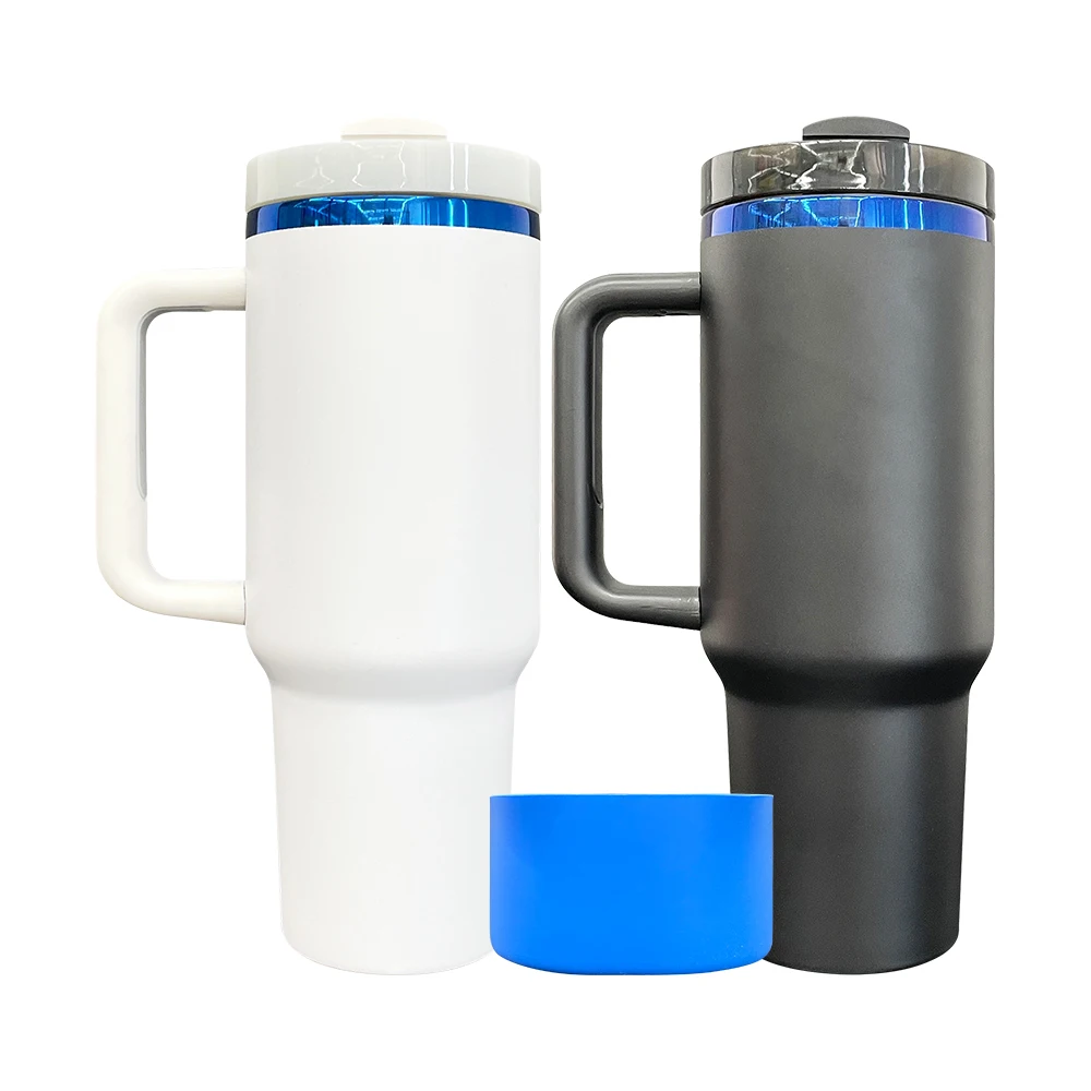 blue plated underneath  40oz travel tumblers  with boots powder coated USA warehouse black white laser engraving tumblers