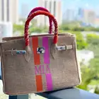 Ladies Bag Custom Natural Material With Adjustable Strap Ink Painting Ladies HandBag Woven Tote Bag Hand Woven Bag