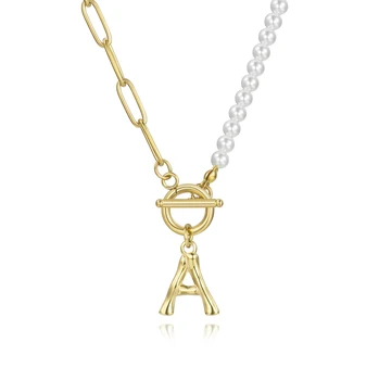 Loftily OT Buckle 14k Gold Plated Stainless Steel Jewelry Splicing Paperclip Chain Letter Pearl 26 Initial Necklace