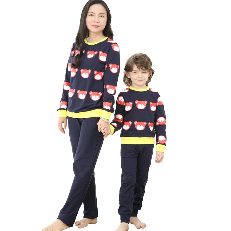 Long sleeve and long pants blue color mommy and me cotton pajamas kids best selling woman pajama set