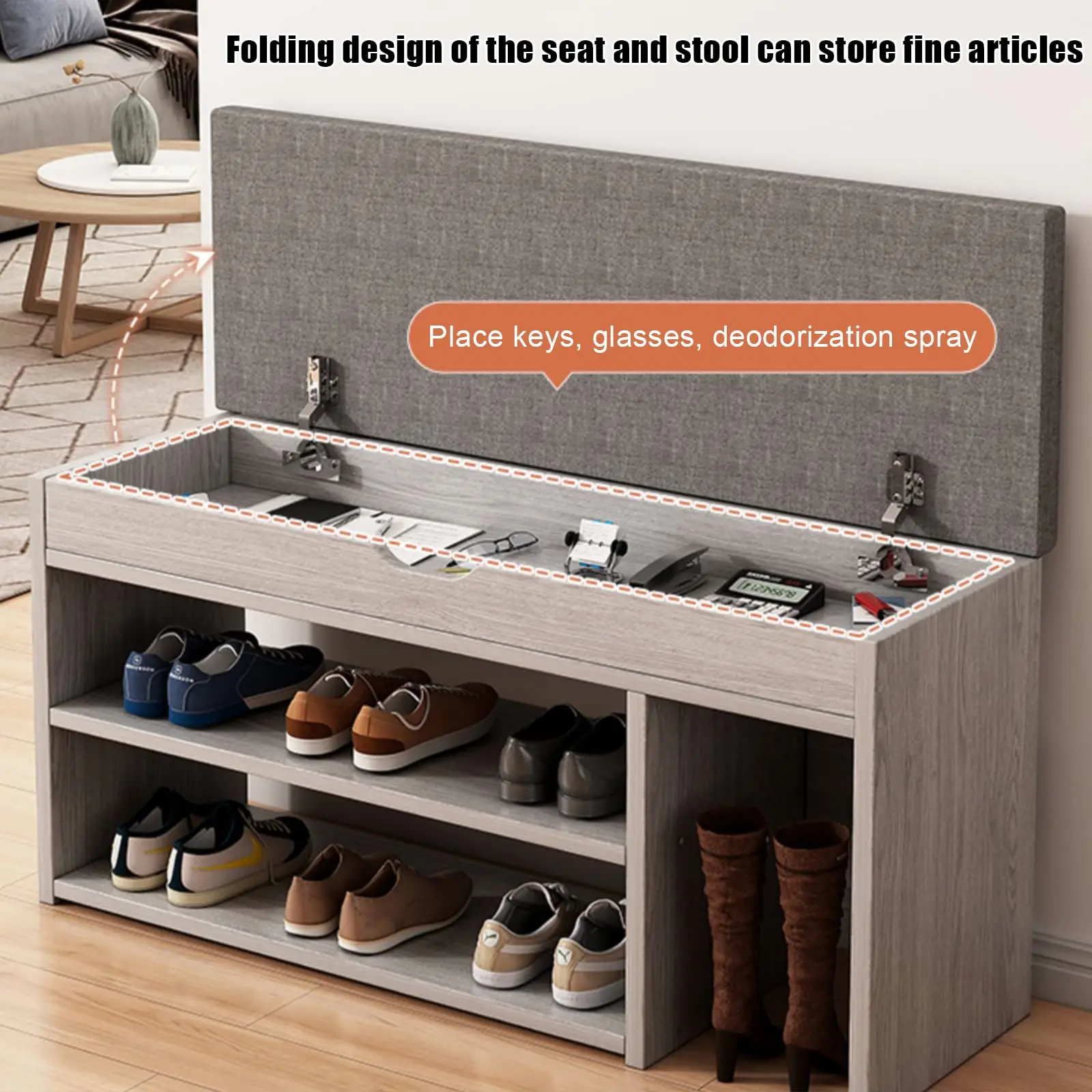 Wooden Padded Cushion entryway shoes bench with Flip Top Storage Space