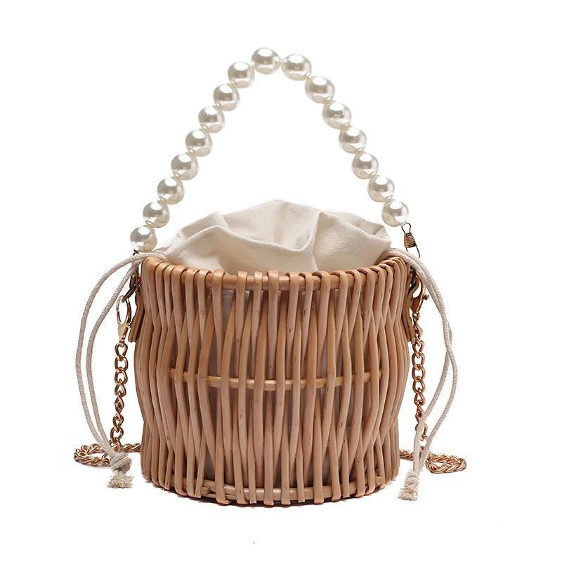 HUAYI 2024 Fashion willow beach bag girls bag pearls and ribbons hot wholesale