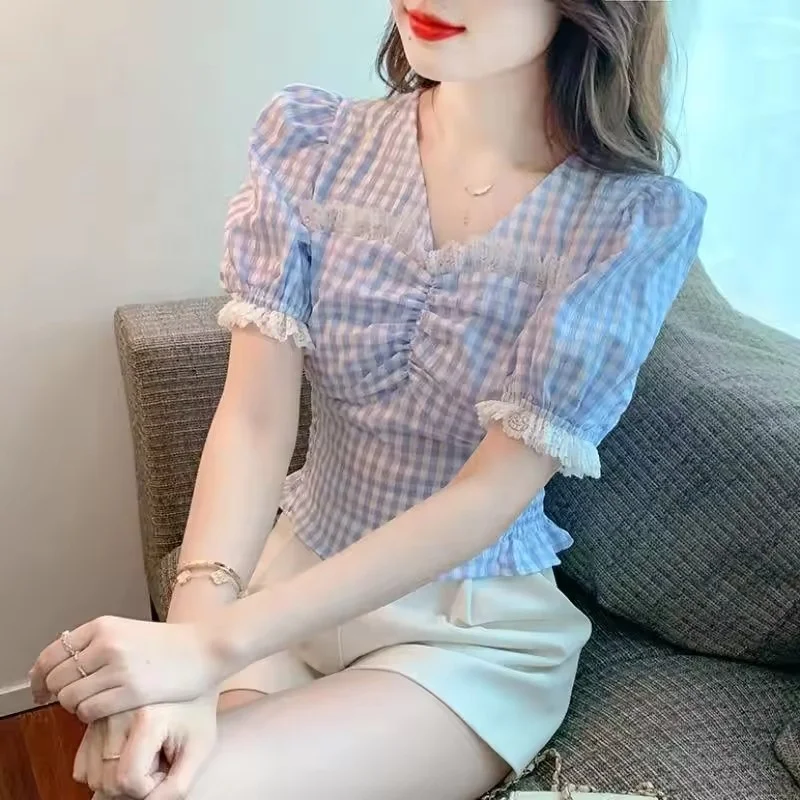 Women's 2024 Summer V Neck Blouse Puff Sleeve Swiss Dot Business Casual Cute Shirts Tops