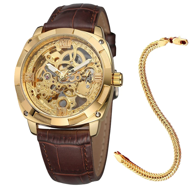 Women's Mechanical Skeleton Watch With Crystal Bezel Brown, 43% OFF