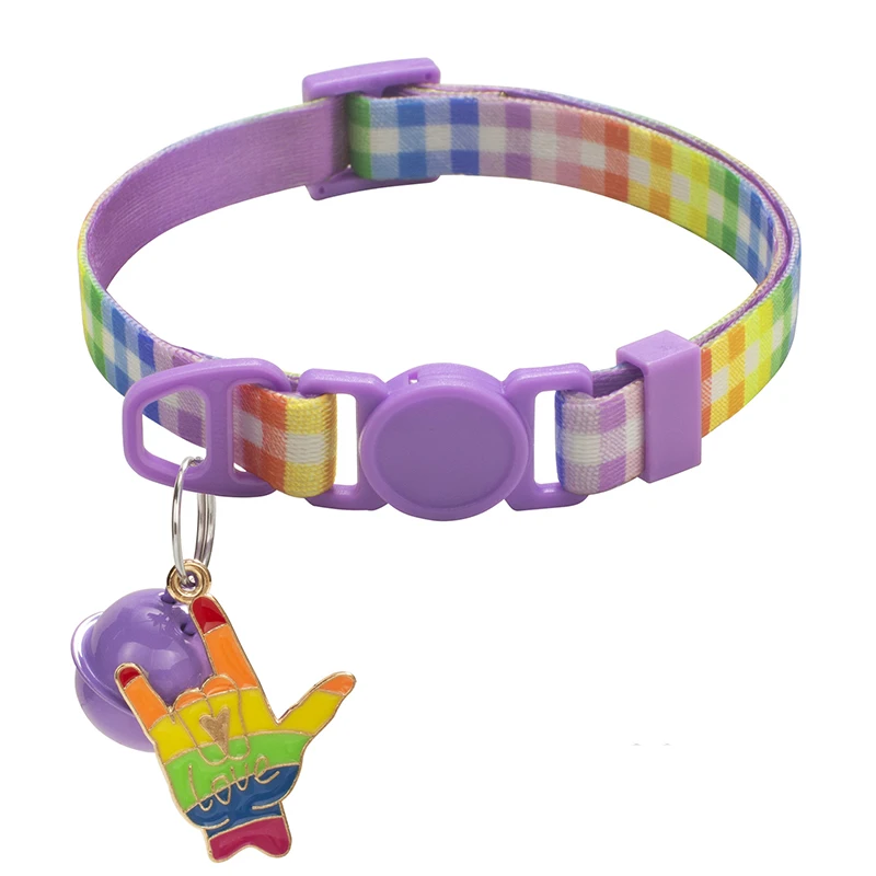 Hot Selling Eco-Friendly Comfortable Nylon Rainbow Plaid Dogs Adjustable Small Bell Collar for Small Animals All Seasons Hand