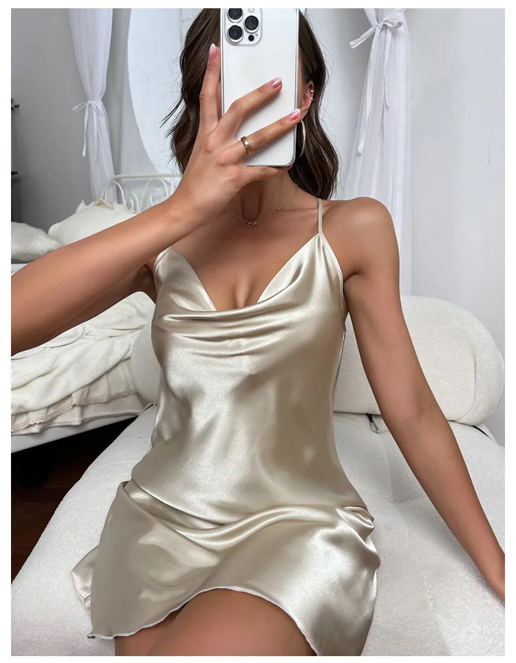 Sexy Women Silk Lingerie V Neck Satin Sleep Dress Loose Night Wear Gown Sleepwear Pajamas