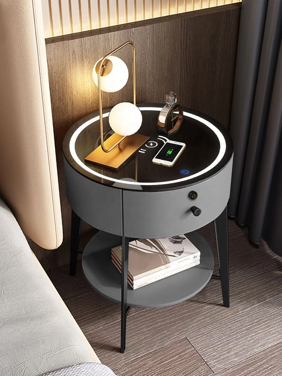 NOVA Smart Tempered Glass Top Multiple Storage Drawers Touch Control Wireless Charger Bedside Table With Induction Night Light