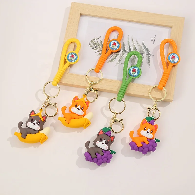 Hot selling Cute Cartoon Dog 3D The Fruit Shiba Inu Pendant Keychain PVC Soft Rubber Car Key Schoolbag Decoration Key Chain