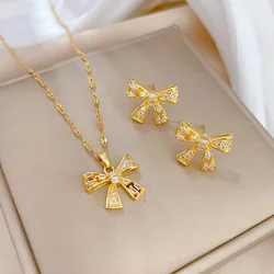 Fashion Jewelry Set Women Stainless Steel Real Gold Plated Zircon Heart Butterfly Pendant Necklace And Earrings Set For Gift
