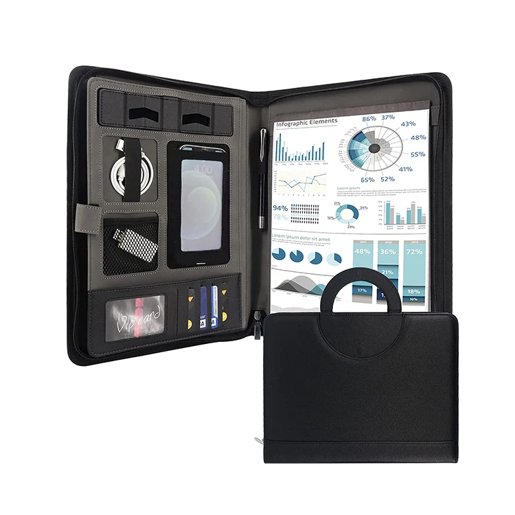 A4 Black Zippered Business Portfolio Leather Travel Document Holder Padfolio Organizer File Folder With Hidden Handle details