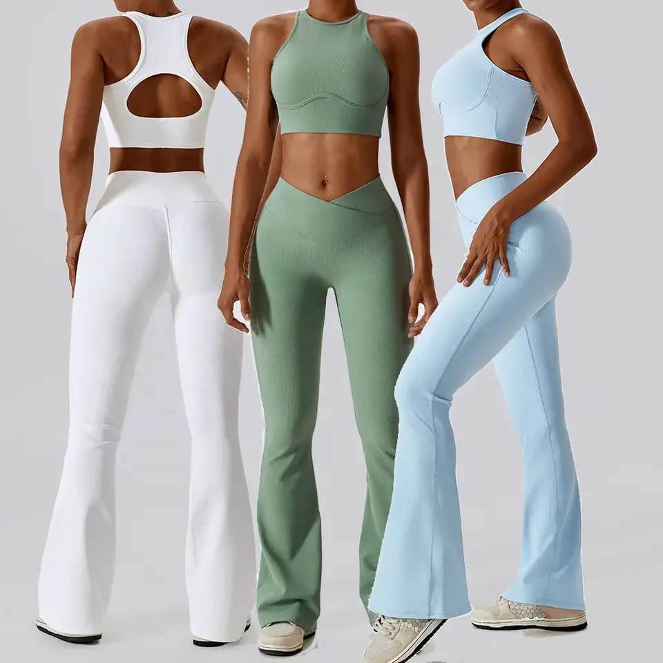 2023 Wear Custom Oem Logo High Support Sports Bra For Women Yoga Suit Set For Women Outdoor Flare Pants 4 pcs matching Rib Set