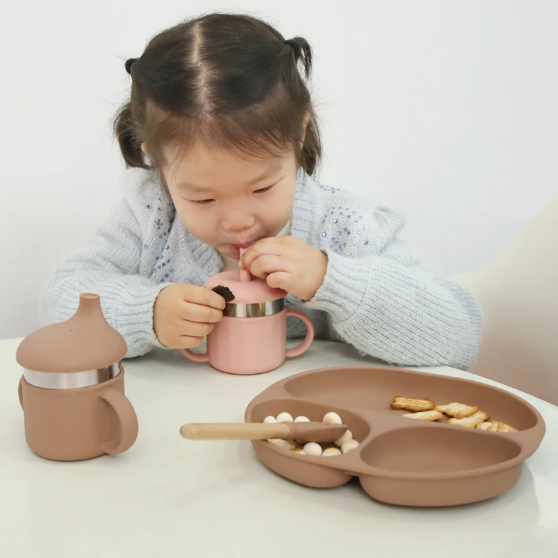 Children Silicone Sippy Stainless Steel Cup Leak Proof Silicone Baby Feeding Water Sippy Silicone Cup