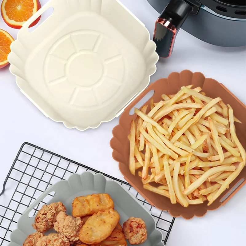 2024 Food Grade Silicone Air Fryer Liner Non Stick Air Fryer Silicone Liners Foldable Silicone Square Air Fryer Mat With Handle