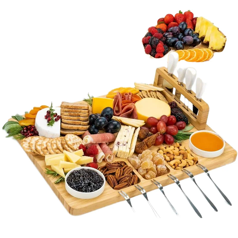 Bamboo cheese board with cutlery set cheese plate wooden chopping blocks 13 piece set