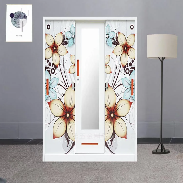 Multi-functional Indian wardrobe Lemari Sliding Door Metal Wardrobe closet With Mirror