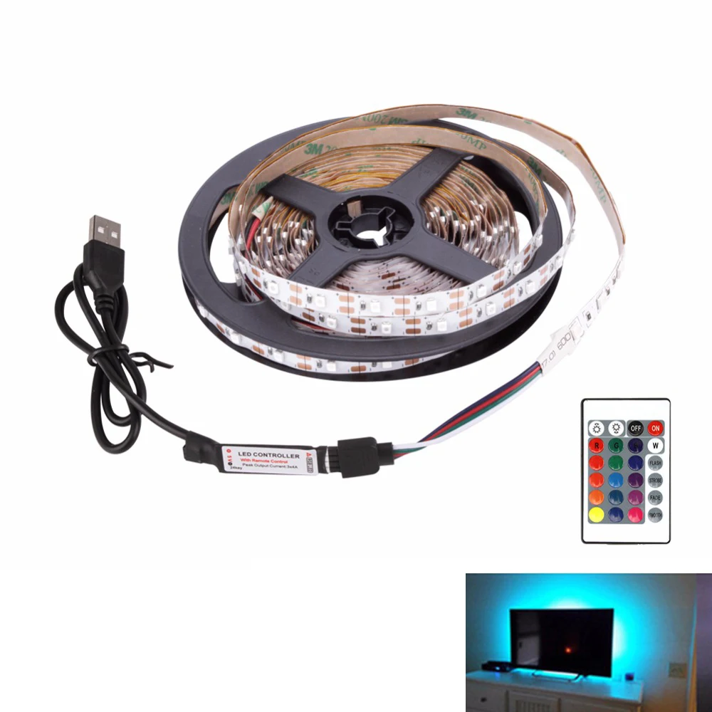 LED TV Backlight RGB Neon 5050SMD 1M 2M 3M Strip Light 24 Keys Remote Control 