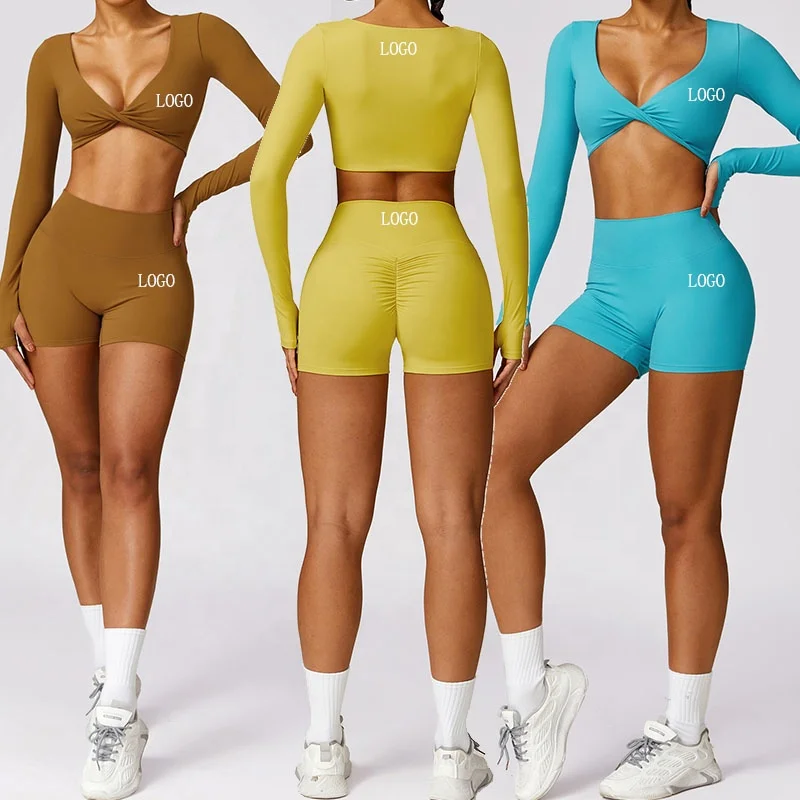 New Arrival Gym Sportswear Women Long Sleeve Set Fitness Yoga Short Active Sport Workout Jacket Loose Gym Bra Short Set