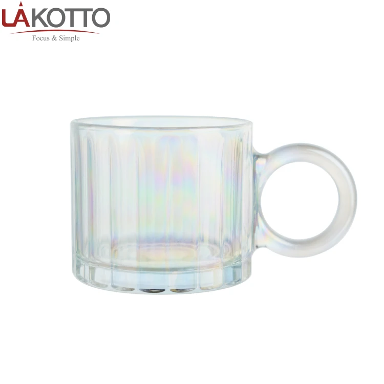 Hot Selling Cute 10oz  glass mug with vertical grain Colorful Glass Cups glass mug with handle