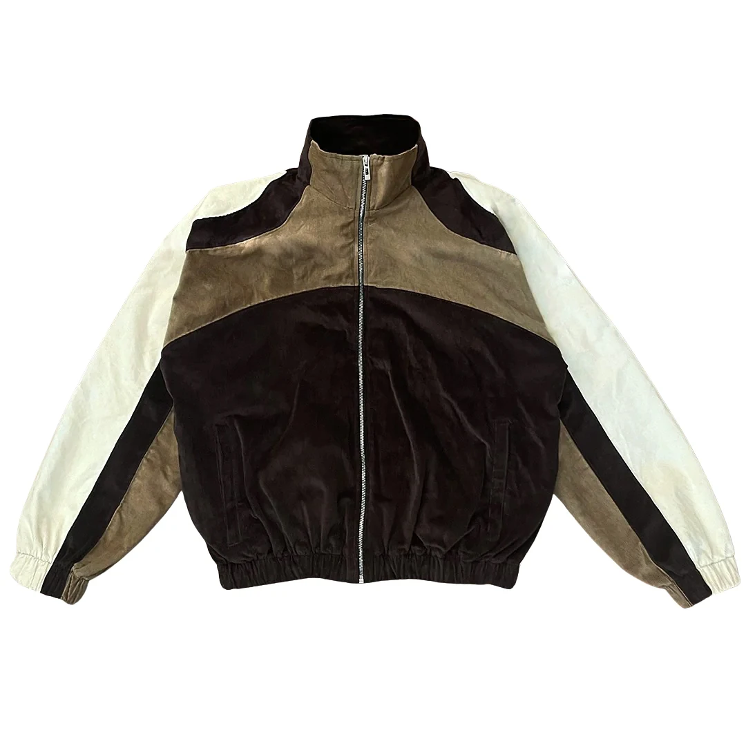 product mens sweatpants and hoodie set zip up custom design oversized streetwear color block patchwork corduroy running jacket tracksuit-3