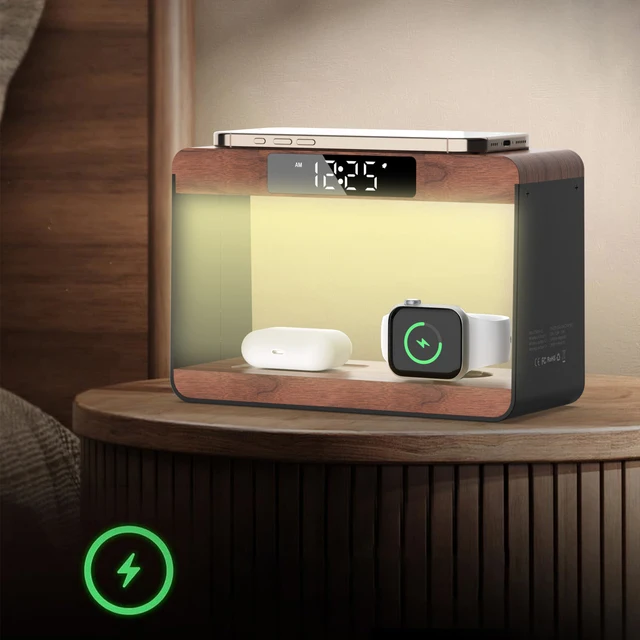 Trending Product 2026 New Arrivals Multi-functional Bedside Lamp With Alarm Clock 15W fast Wireless Charger Lamp for phone watch